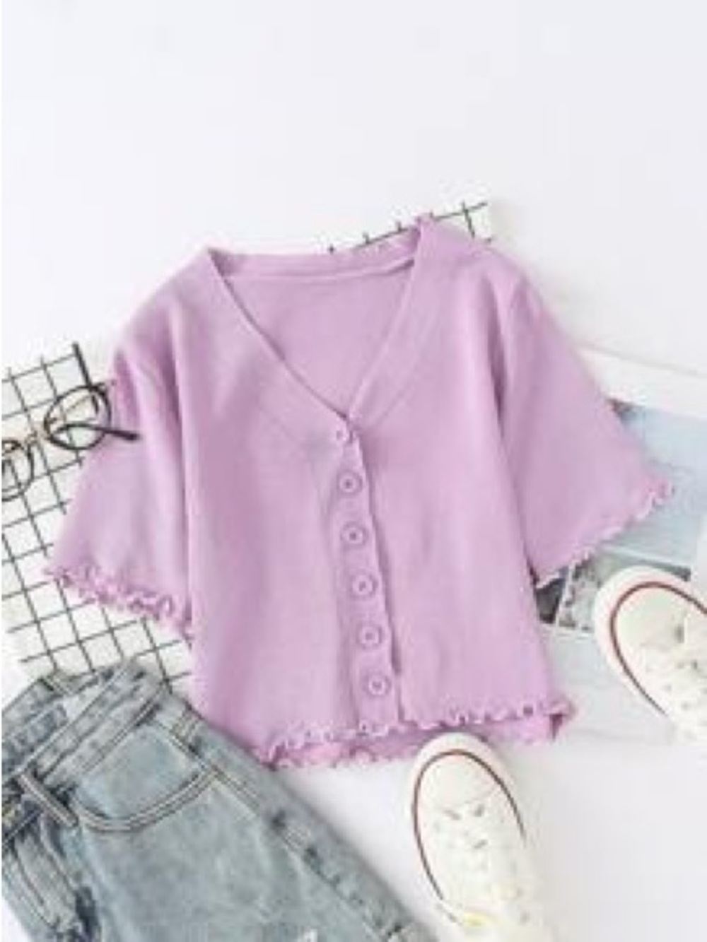 Lavender Button-Front Ruffle Trim Cropped Cardigan